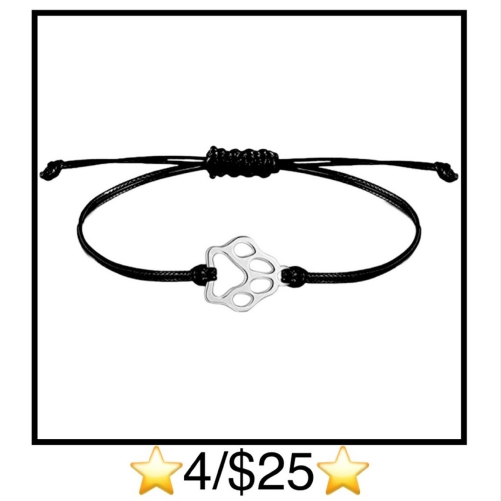 Stainless Steel Waterproof Paw Print Adjustable Bracelet, Silver & Black